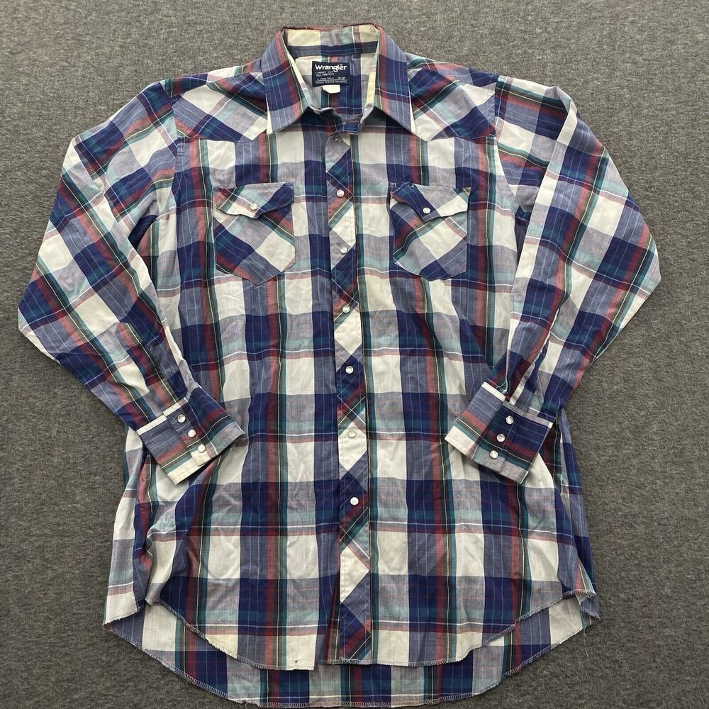 Wrangler X-Long Tails Blue Plaid Pearl Snap Shirt Men's Size XL Western Vintage